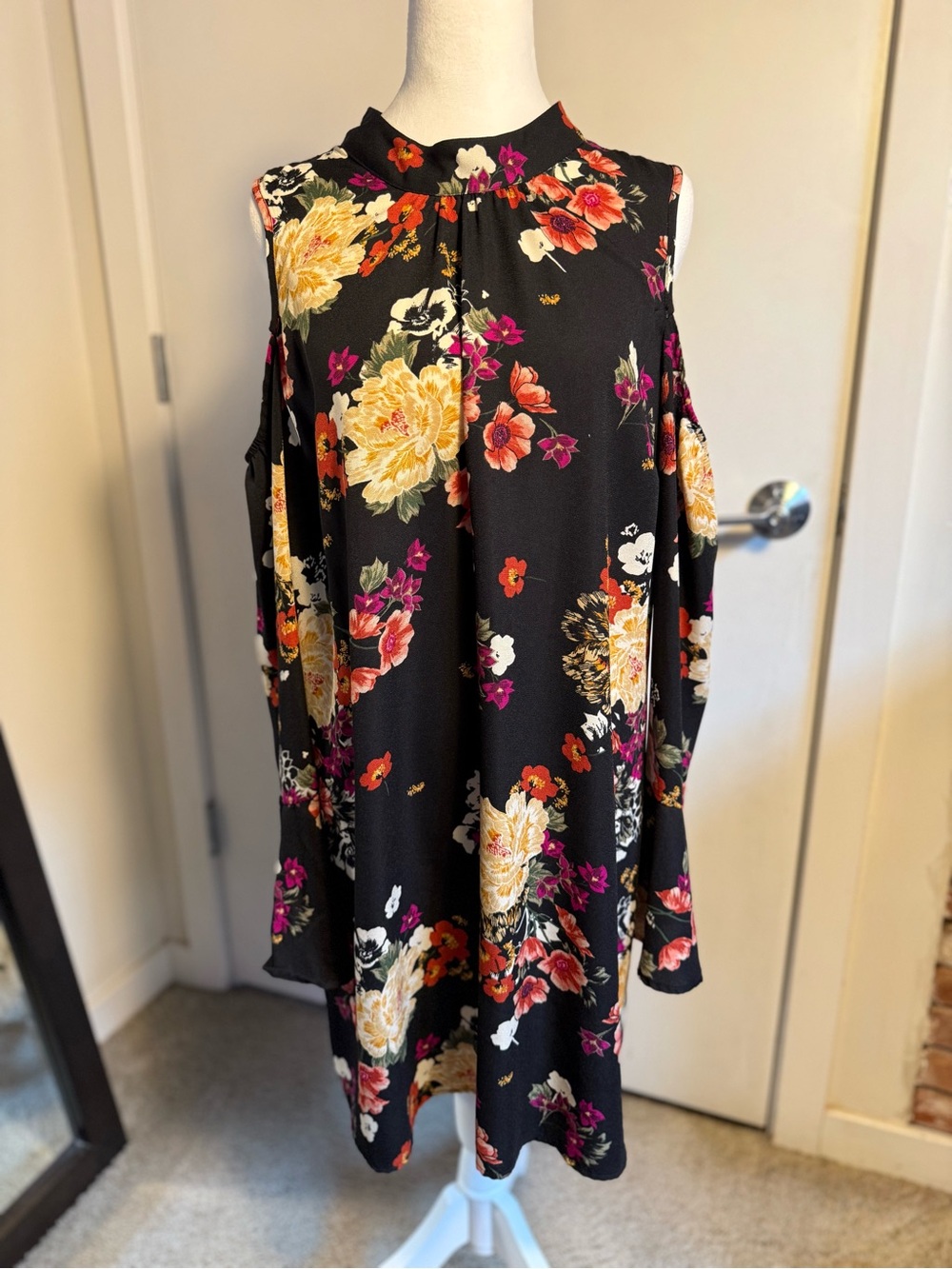 Xhilaration Black Cold-Shoulder Midi Dress with Yellow & Pink Floral Print